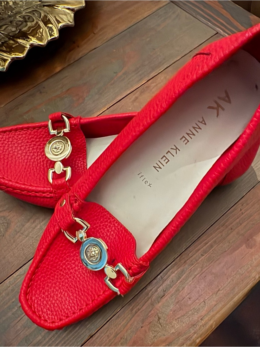 Anne Klein Red Leather Slip-On Loafers with Gold Medallion Detail